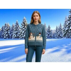 Croft & Barrow Sweater Womens  Blue Snowman Christmas Holiday Full Zip Size PM